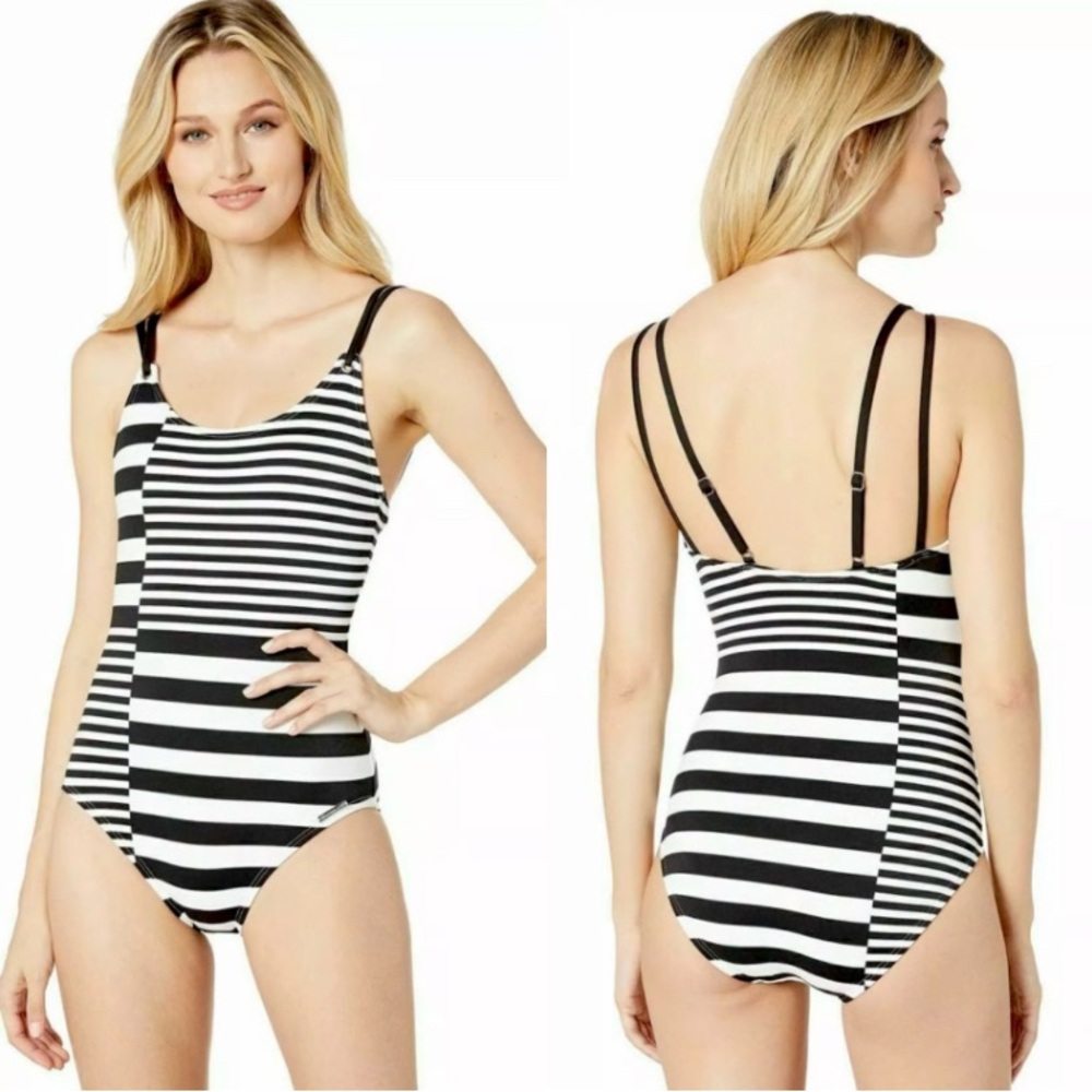 MICHAEL Michael Kors Black and White Striped Swimsuit -8 black white striped ,